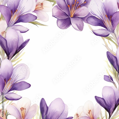 crocus themed frame or border for photos and text.delicate purple and white flowers. watercolor illustration, flowers frame, botanical border, For wedding cards, covers, invitations, and clipart.