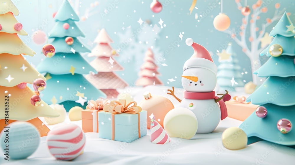 Pastel Winter Festivities:  a lively holiday background with soft pastel hues, featuring vibrant decorations, playful characters, and joyful celebrations in a light and airy setting. 