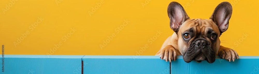 A French Bulldog peeking out from behind minimalistic geometric shapes, blending modern art with pet photography