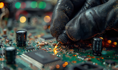 Close-up studio photo of a soldering repair on a computer soldering board. photo