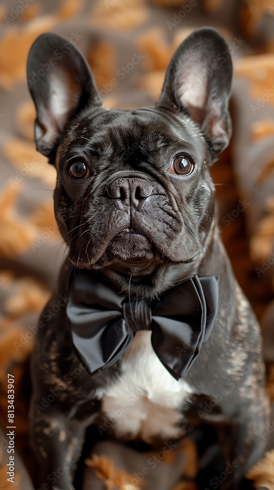 A French Bulldog with a quirky tilt of its head, wearing a bow tie, capturing whimsy and elegance for stylish pet accessories