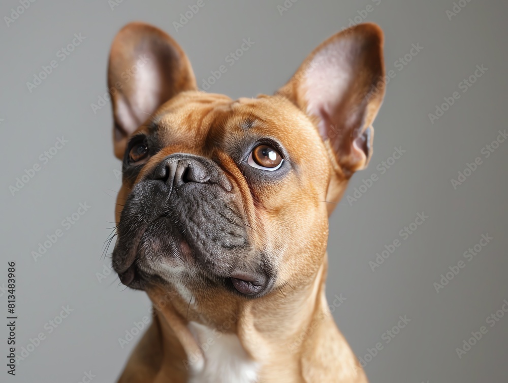 A French Bulldog with a soft, dreamy gaze against a high-key white background, ideal for luxury pet care brands