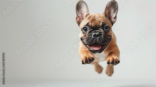 A playful French Bulldog caught mid-jump, its joyful demeanor captured perfectly against a pure white background photo