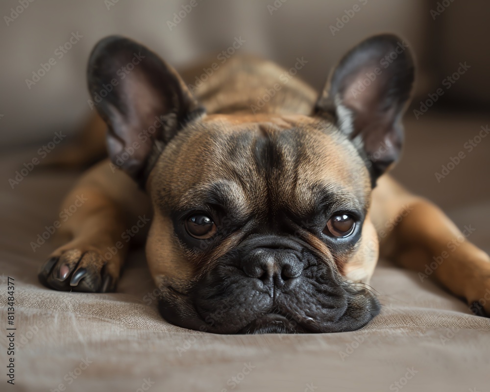 A serene French Bulldog puppy lying down, gazing at the camera with an irresistible look, suitable for calming pet therapy content A serene French Bulldog puppy lying down, gazing at the camera with an irresistible look, suitable for calming pet therapy content