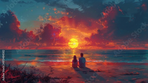 Painting of a couple on the beach at sunset with an orange sky and blue sea.