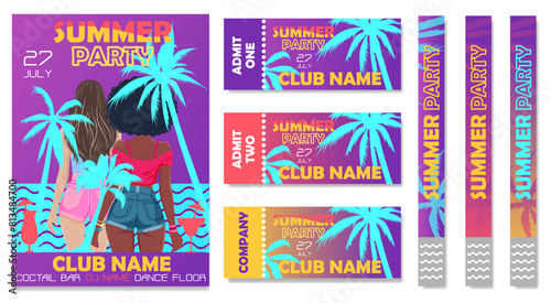 Set for summer party, disco club, beach party. Invitation. Poster, ticket, pass bracelet.  Colorful summer disco party poster. Vector graphics.