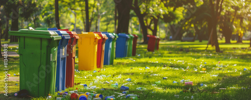 Row of Blue and Green Recycling Bins in a Sunlit Park for Community Use