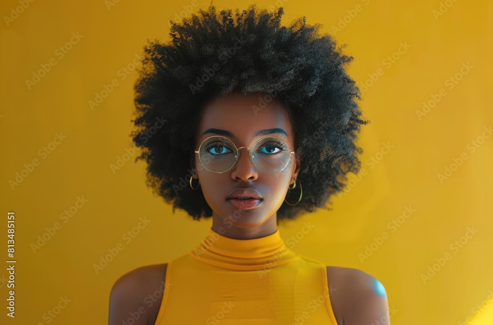 Stylish Young Woman with Afro Hair and Glasses on Yellow Background Stylish Young Woman with Afro Hair and Glasses on Yellow Background