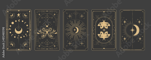 Tarot reverce border magic sacred cover card frame gold line border celelstial mystery esoteric decoration with moth stars and moon on dark background.