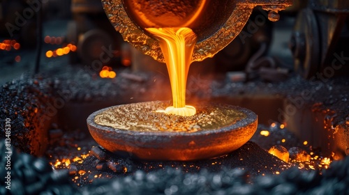 Steel foundry with molten metal being poured.