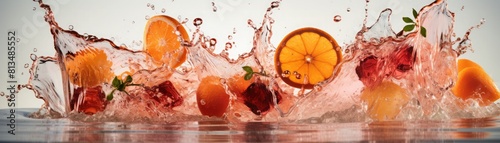 A variety of fresh fruits, including oranges, strawberries, and blueberries, are shown in mid-air against a white background.