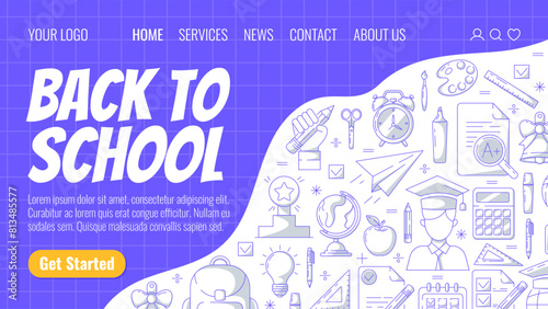 School and education supplies, line icons. Back to school, learning concept. Vector modern template for web, banner, poster, landing page, website. Checkered background