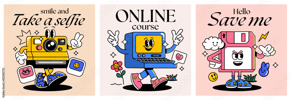 Set of creative retro Camera, Pc and Floppy disc characters. Trendy stickers Y2k. Flat design Retro elements. Funky typography. IT and UX. Contrasting colors, zine aesthetic. Vectored illustration