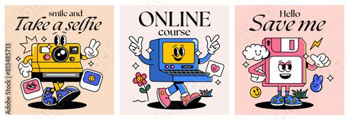 Set of creative retro Camera, Pc and Floppy disc characters. Trendy stickers Y2k. Flat design Retro elements. Funky typography. IT and UX. Contrasting colors, zine aesthetic. Vectored illustration