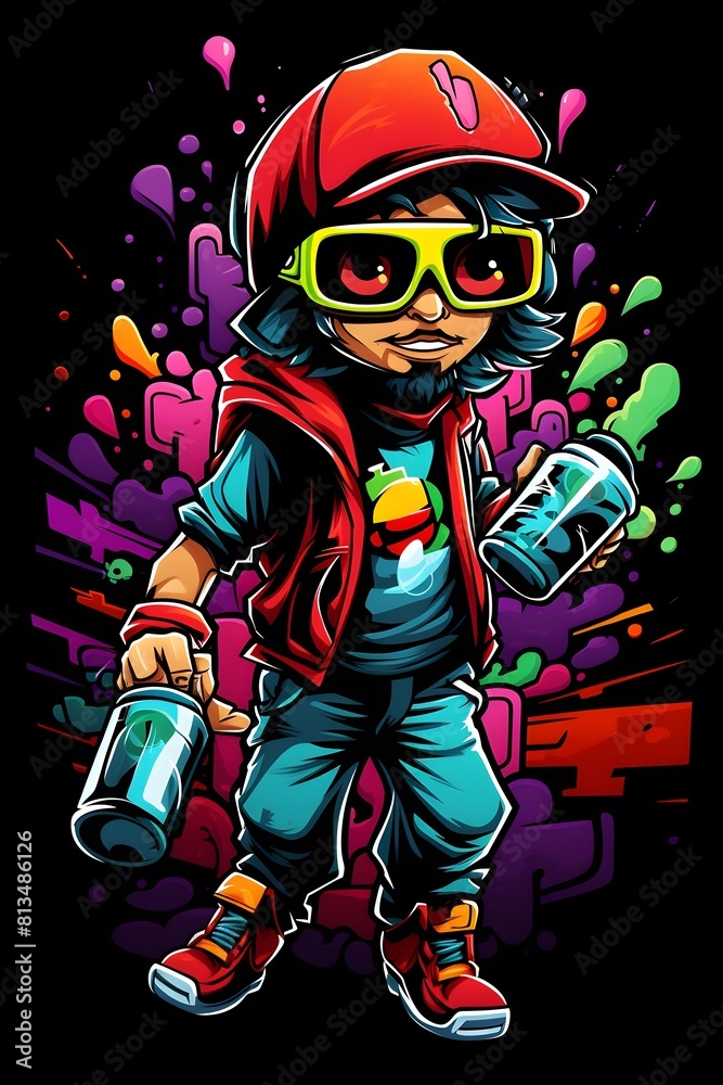 Fototapeta premium Stylish Graffiti Creating Colorful Mural on Brick Wall with Spray Paint Cans in Psychedelic Cartoon