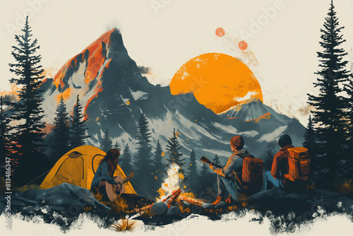 Illustration of three hikers with guitars near tent and campfire watching the sunset in mountains. Selective focus. Travel concept 