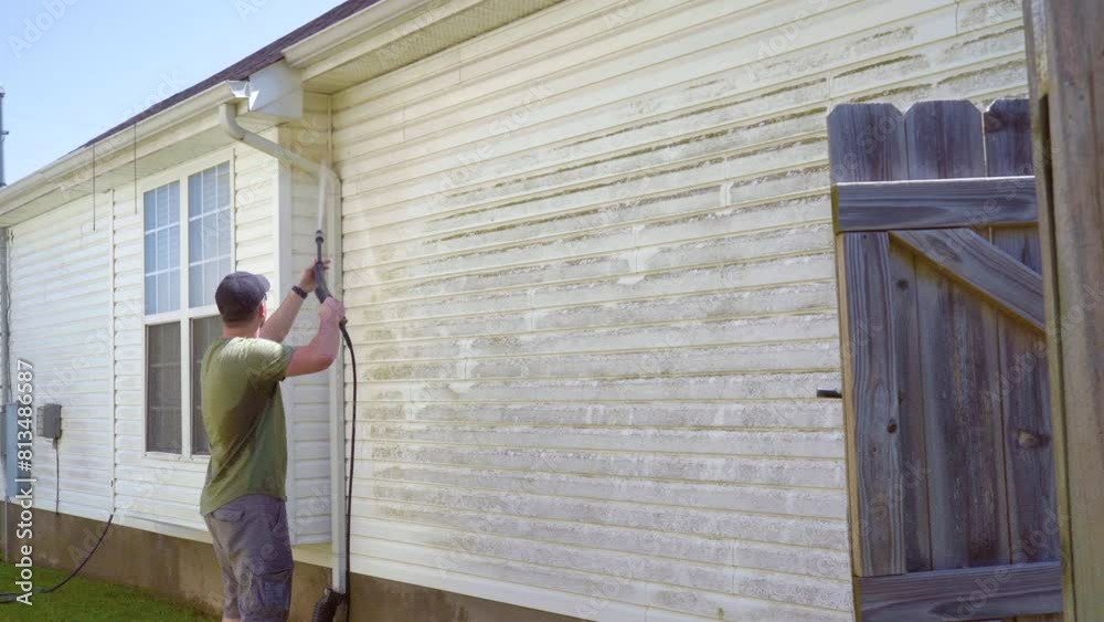 Man cleaning house with power washer. Wide shot. Man cleaning house with power washer. Wide shot.
