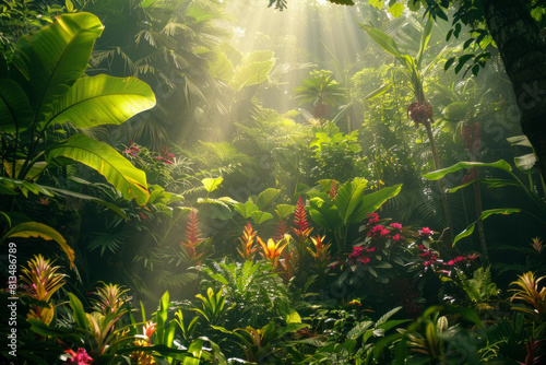 Rainforest jungle with colorful flowers for background