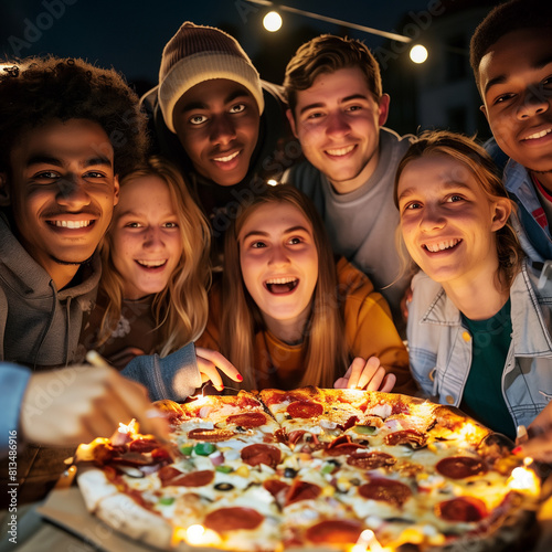 Smiling  group of young friends at outdoor pub table sharing large pepperoni pizza. Festive males and females have fun enjoying each other s company