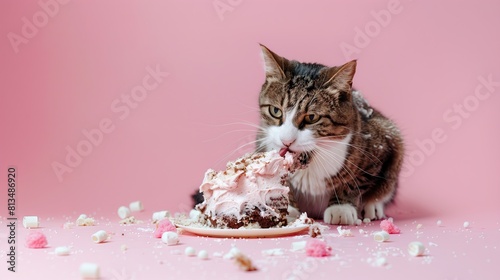 Greedy cat Eating chocolate vanilla cake on birthday, on pink background