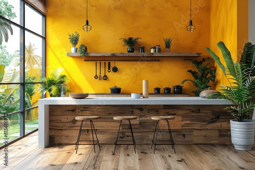 With furniture in the kitchen and yellow walls, an interior with a modern feel.