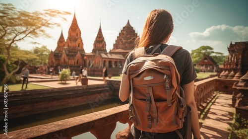 Young asian female traveler with backpack traveling ayutthaya province, thailand