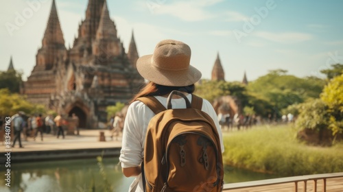 Young asian female traveler with backpack traveling ayutthaya province, thailand