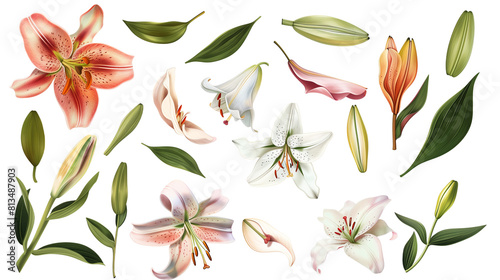 Set of lily elements including lily flowers  buds  petals  and leaves