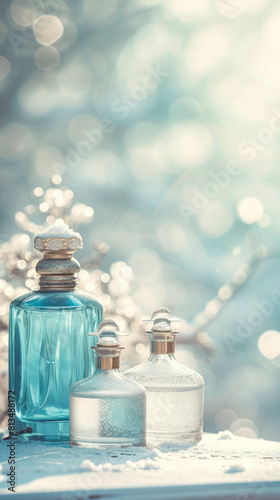 free space for title banner with A perfume bottle on the right corner is sitting on a white surface