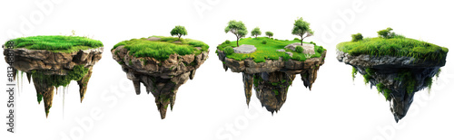 Set of Green Lawn Floating Island, Just Grass and Land Flying. PNG Cut-Out. Isolated on Transparent Background