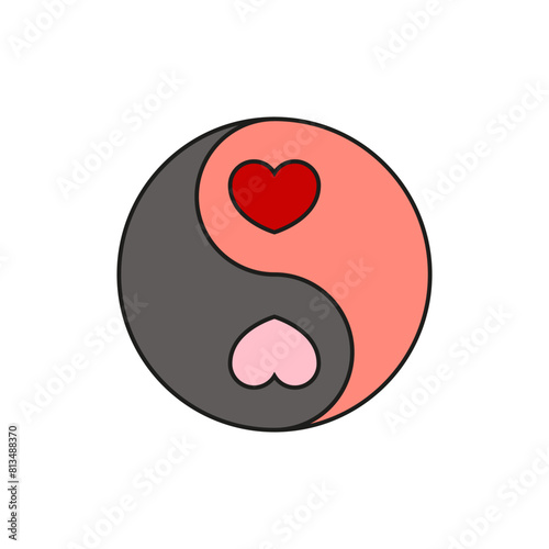 Two hearts inside yin yang. Outline vector on a white background.