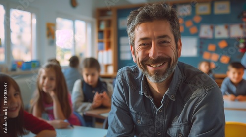 A portrait of a smiling male teacher in a brightly lit elementary school classroom, capturing the genuine camaraderie with his students © anupdebnath