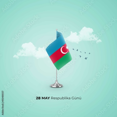 Azerbaijan national flag waving in beautiful clouds.