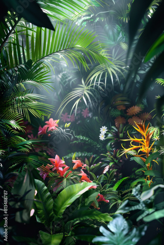 Rainforest jungle with colorful flowers for background