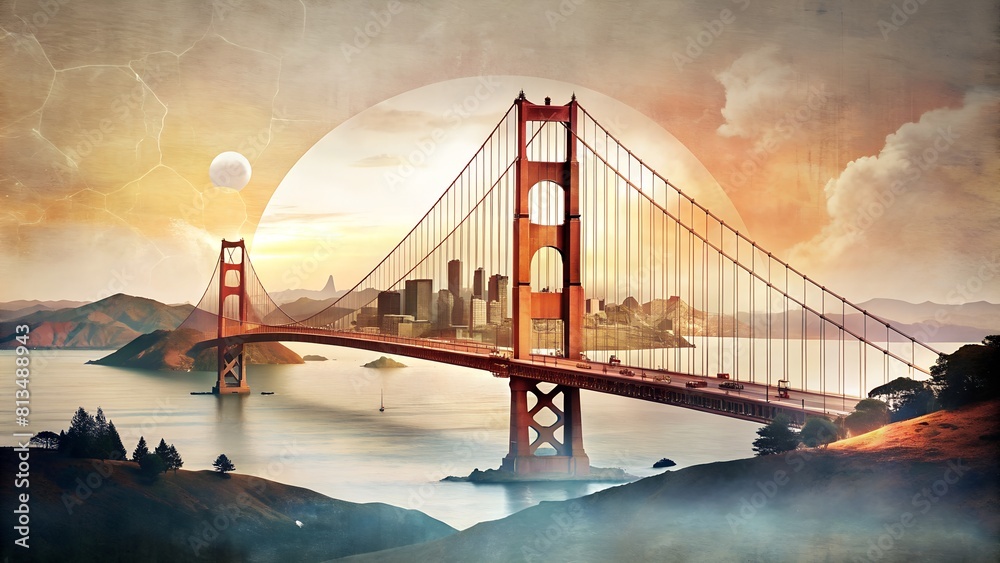 Fototapeta premium Golden Gate Bridge, USA: Contemporary Minimalist Double Exposure Collage Art