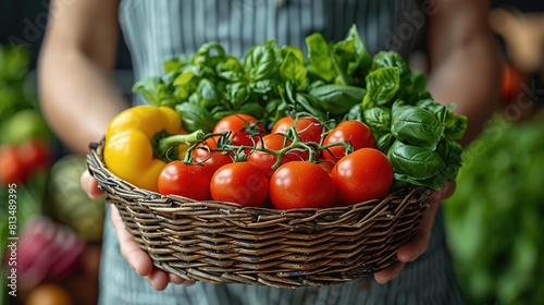 A farmer holds a basket of fresh vegetables, including tomatoes, peppers, and basil