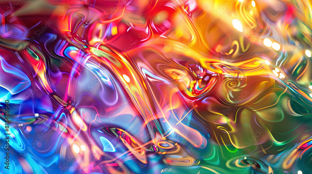 A complex rainbow colors, liquid abstraction on a 3d glass surface 