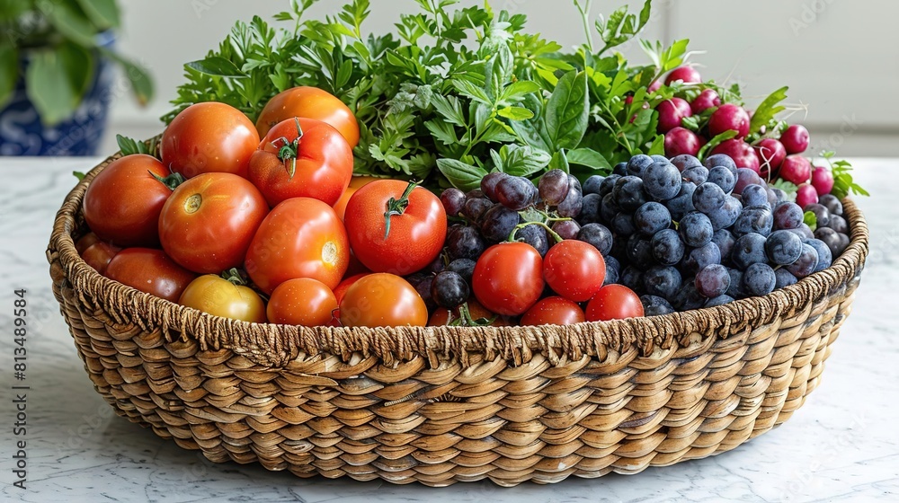 A wicker basket filled with fresh, organic vegetables and fruits, including tomatoes, grapes, radishes, and herbs. The basket is sitting on a marble table.