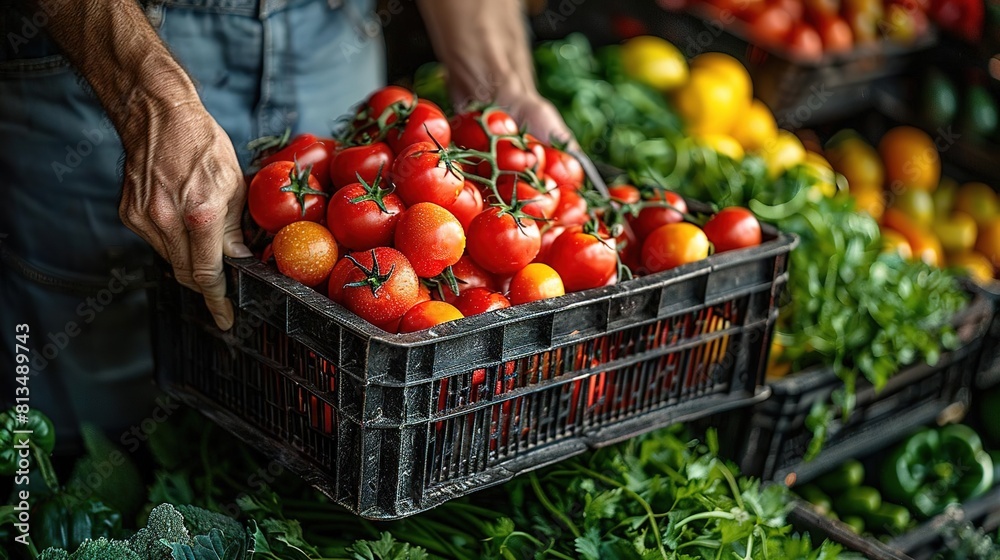 A farmer holds a crate of fresh, ripe tomatoes