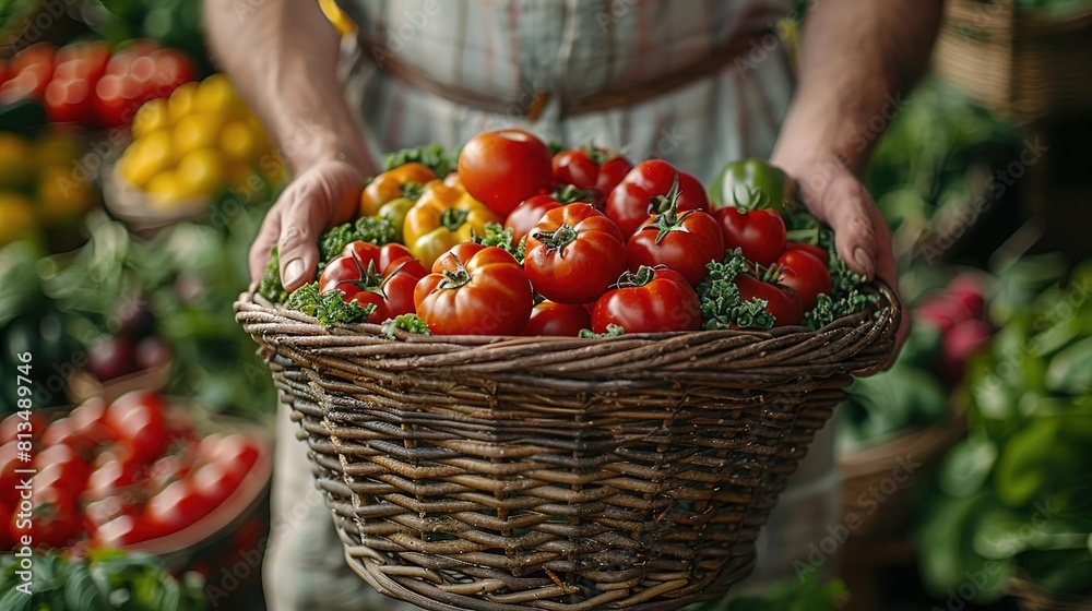 A farmer holds a basket full of fresh, ripe tomatoes A farmer holds a basket full of fresh, ripe tomatoes