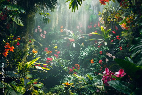 Rainforest jungle with colorful flowers for background