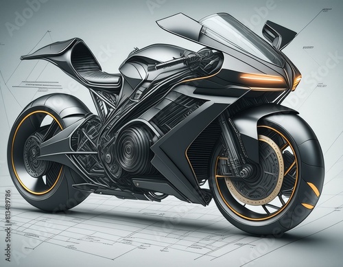 croquis d’une super moto détaillée, dessin technique photo