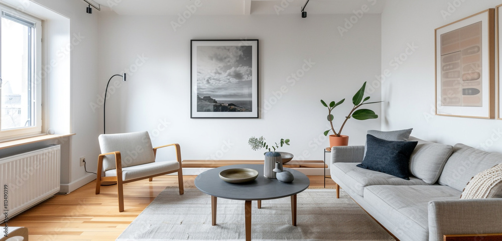Minimalist Scandinavian living room with an emphasis on clean aesthetics and functionality, featuring subtle artistic elements. Minimalist Scandinavian living room with an emphasis on clean aesthetics and functionality, featuring subtle artistic elements.