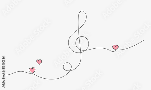 Treble clef with love hearts one line drawning. Love melody, sweet song. Continuous Music note icon. Thin line of treble clef and hearts. Vector illustration
