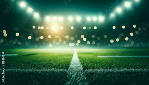 Nighttime Soccer Field Illuminated With Stadium Lights and Lush Green Grass