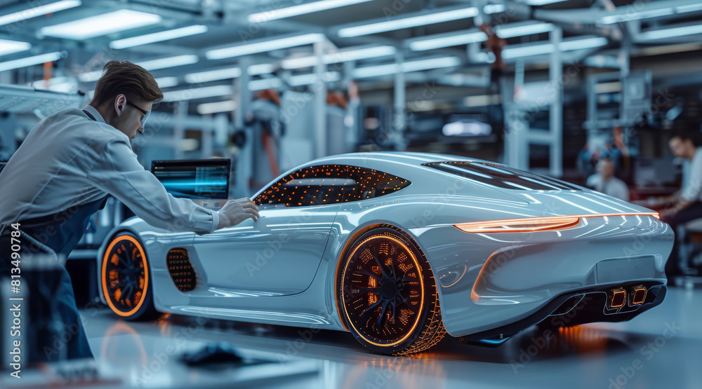 An automotive design studio using machine learning to test car aerodynamics, with engineers working on simulations and 3D models on their computers. Generative AI. An automotive design studio using machine learning to test car aerodynamics, with engineers working on simulations and 3D models on their computers. Generative AI.