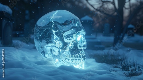 Crystal Ice Skull in Snowy Forest Under Bright Sun 