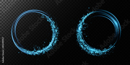 Magic portals on the night scene. Blue round holograms with rays of light and sparkles. Glowing futuristic teleport tunnel with copy space on black background.	