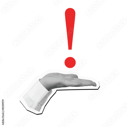 A hand holding a red exclamation point. Vector illustration in a modern collage style