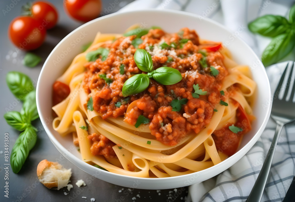 A plate of spaghetti pasta with tomato sauce, cheese, and basil on a dark wooden table